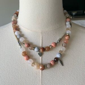 Chico’s Beaded Rhinestone Rope Charm Necklace Multi-Color Marble Crackle 36”+4”L